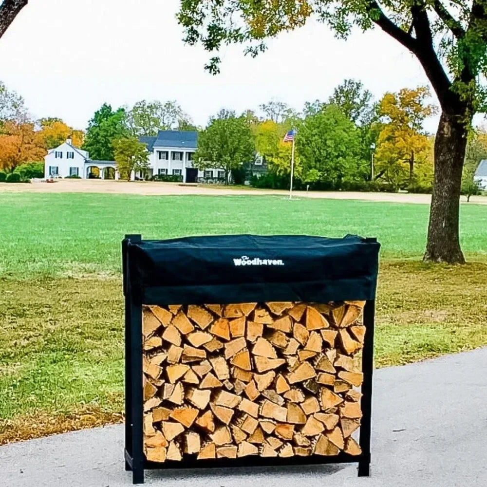 Indoor Outdoor 1/4 Cord Firewood Storage Log Rack ， Black 4 Foot - Heavy Duty Made In USA -With Seasoning Cover