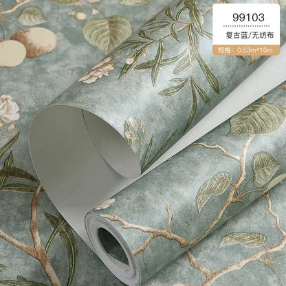 Country Wallpaper Idyllic Style Retro Nostalgic Bedroom Dark Green Flowers and Birds TV Background Wallpaper Non Self-adhesive