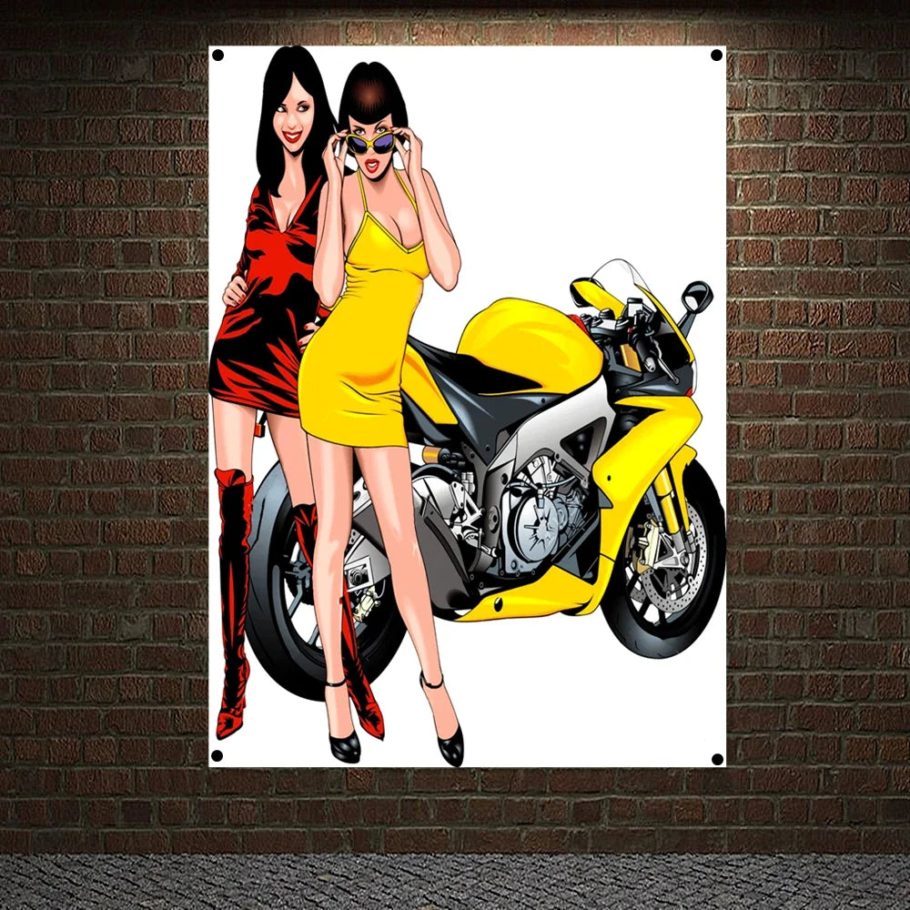 Sexy Beauties and Motorcycle Racing Wallpaper Banner Wall Art Racer Biker Posters Moto Lady Nude Art Tapestry Canvas Painting