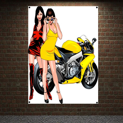 Sexy Beauties and Motorcycle Racing Wallpaper Banner Wall Art Racer Biker Posters Moto Lady Nude Art Tapestry Canvas Painting