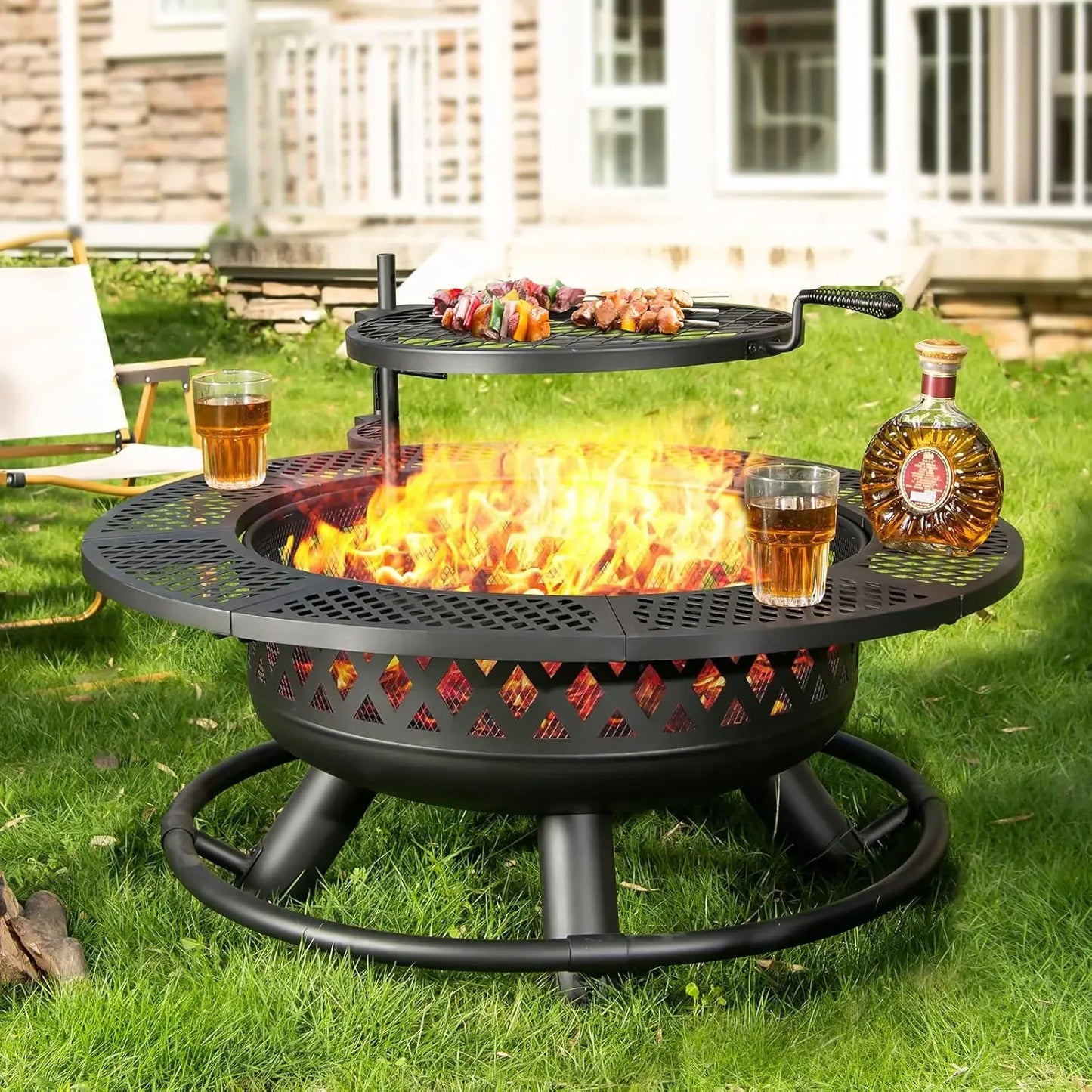 36 Inch Wood Burning Fire Pit with Grill: Outdoor Fire Pits with Lid & Fire Poker, 3 in 1 Round Metal Firepit Table with
