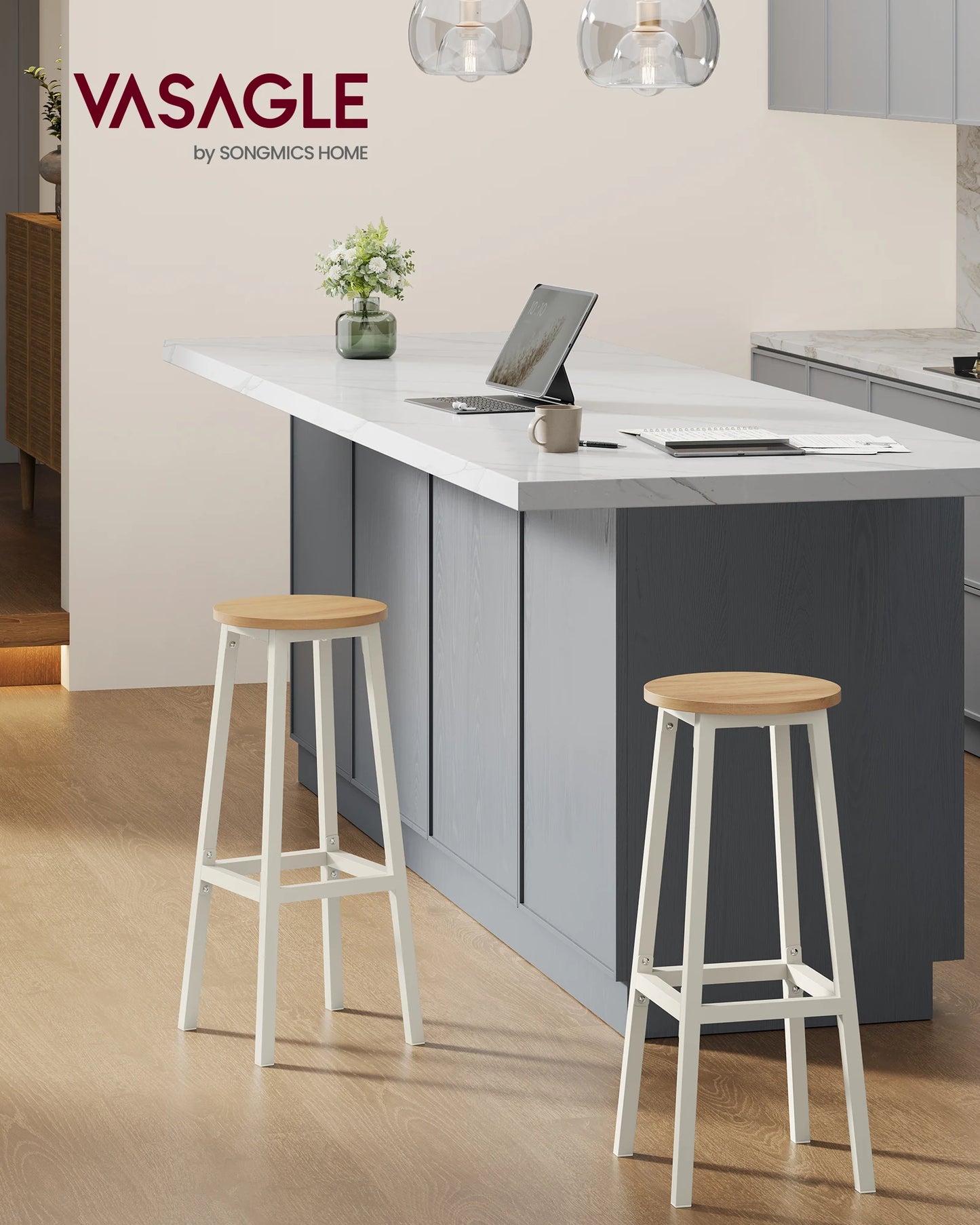 VASAGLE Bar Stools, Set of 2, Height 74 cm, Footrest, for Kitchen, Living Room, Dining Room