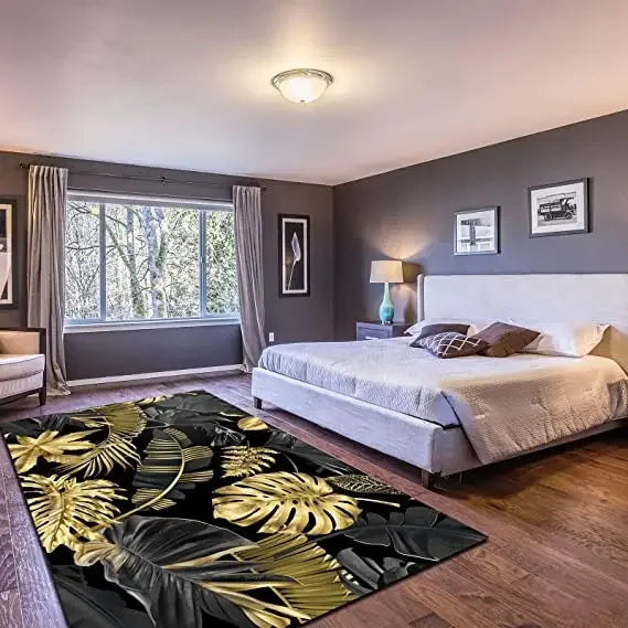 Living Room Black Gold Tropical Leaf Rug Home Non-slip  Kitchen Corridor Entrance Mat