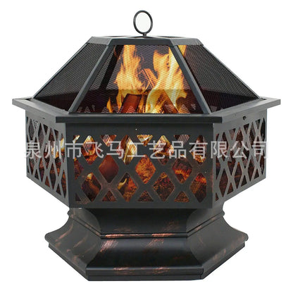 Portable Courtyard Metal Fire Pit 22" Hexagonal Shaped Iron Brazier Wood Burning Fire Pit Decoration for Backyard Poolside