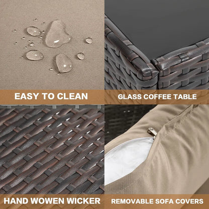 7 Pieces Outdoor Patio Furniture Sets, All-Weather Sectional Sofa Dark Brown PE Rattan Wicker Conversation, Customized