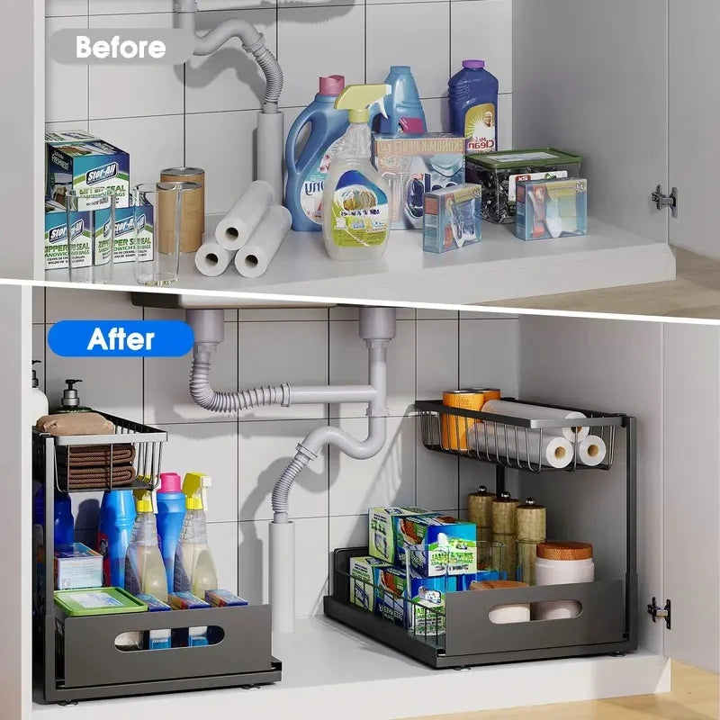 Double-layer Sliding Rail Basket Under-Sink Storage Rack Bathroom Kitchen Storage