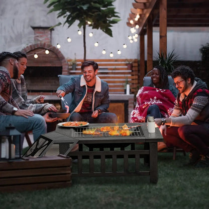 Outdoor Fire Pit Table Square Steel Fireplace With Spark Screen Log Grate BBQ Grill Poker Rain Cover Wood Burning Stove For Backyard Camping Patio Garden Bonfire Party Black
