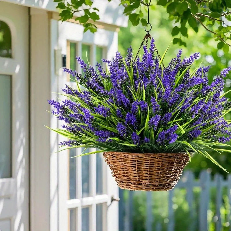 10pcs Bundles Artificial Lavender & Monkey Grass Flowers - UV-Resistant Plastic Outdoor/Indoor Faux Plants, 14.5" Realistic Stem