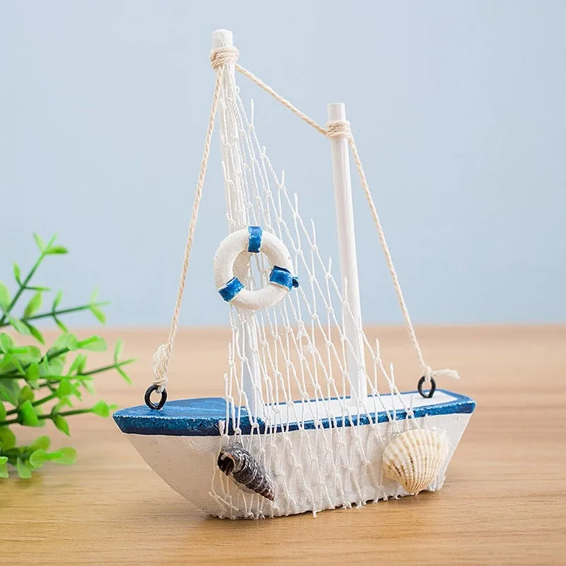 1pc Mini Mediterranean Style Marine Nautical Wooden Blue Sailing Boat Ship Wood Crafts Ornaments Party Room Home Decoration