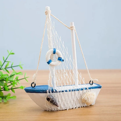 1pc Mini Mediterranean Style Marine Nautical Wooden Blue Sailing Boat Ship Wood Crafts Ornaments Party Room Home Decoration