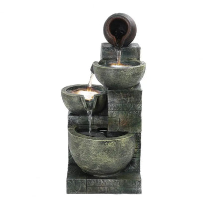 Garden Fountain, 23.6" 4-Tiers Cascading Bowls LED Light Outdoor Garden Water Fountain, Decorative Outdoor Water Fountain