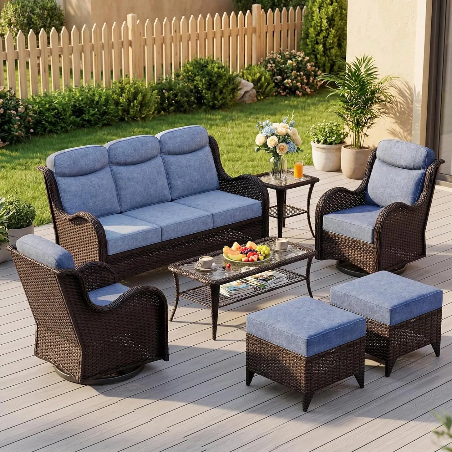 7 Pieces Outdoor Patio Furniture Set with 5" Thick Cushions, Weather-Resistant Wicker High Back Swivel Rocker, Customized