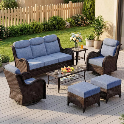 7 Pieces Outdoor Patio Furniture Set with 5" Thick Cushions, Weather-Resistant Wicker High Back Swivel Rocker, Customized