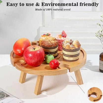 For Garden Party Folding Outdoor Wooden Table Round Collapsible Picnic Desk With Wine Glass Holder 2in1 Rack