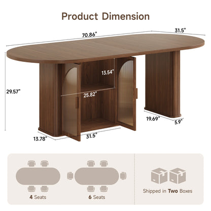 Walnut 70 Inch Oval Dining Table for 6-8 People, Modern Large Dining Room Table with 2-Tier Storage Space, Wood Center Kitchen Table with LED Light, Dinner Table with Heavy Duty Legs