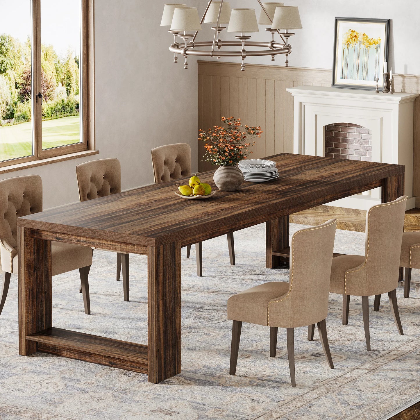 Tribesigns 86.61-Inch Dining Table for 6-8 People, Modern Narrow Long Kitchen Table with Pedestal Base