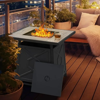 28 Inch Outdoor Propane Fire Pit Table, 50,000 BTU Square Gas Fire Table with Ceramic Tabletop, Lid, Cover, Lava Rock