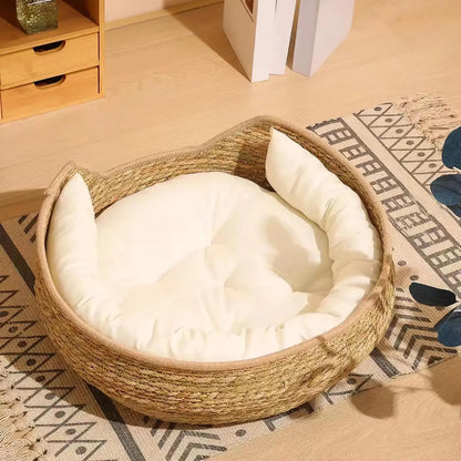 Cat Basket Bed Cotton Rope Round Bed for Cat Sleep with Pillow All Season Indoor Weaving Pet Resting Scratching Sleeping