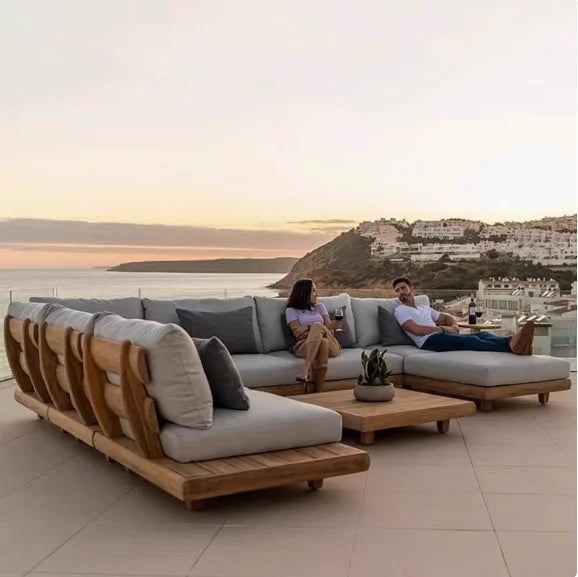 Patio Sofa Set, Made of Imported Teak Wood, Outdoor-grade Waterproof Fabric, Crack-resistant, Suitable for Outdoor Use.