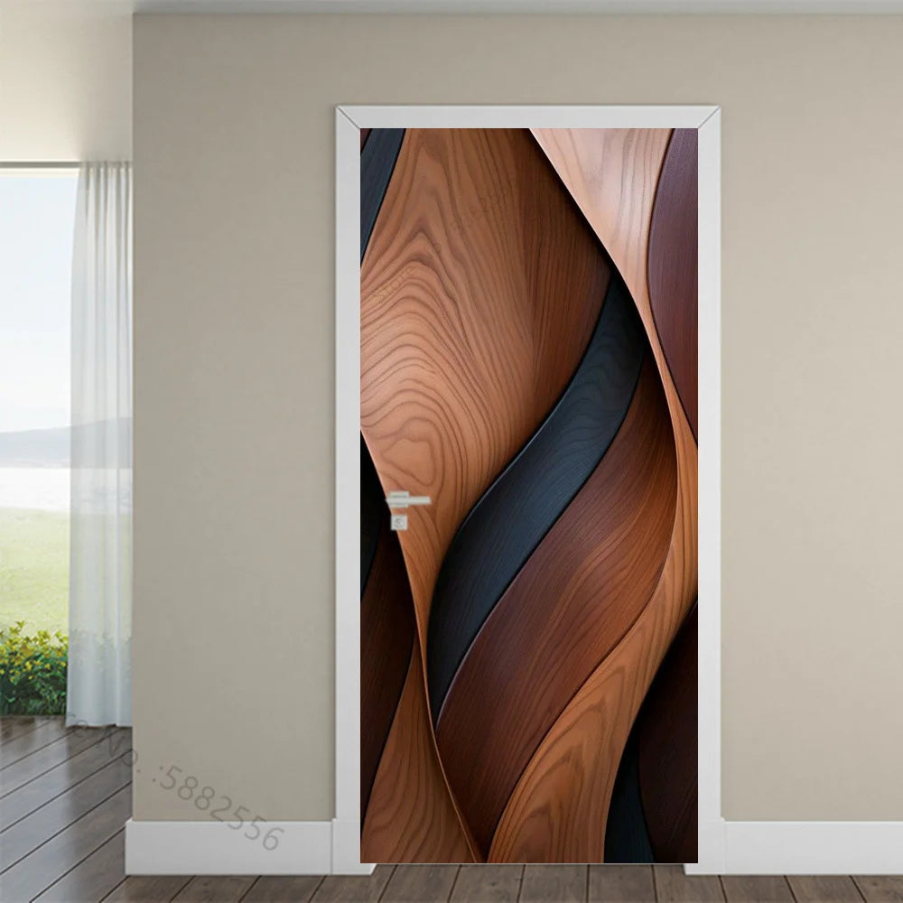 Black Art Mural Wood Texture Flower Star Waterproof Self-Adhesive Wallpaper Stickers for Door Bedroom Living Room Cabinets Decor