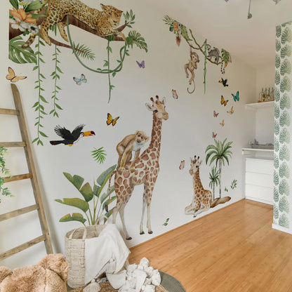 Large Forest Animals Wall Sticker Jungle Safari Giraffe Monkey Leopard Wallpaper for Kids Room Baby Bedroom Nursery Decoration