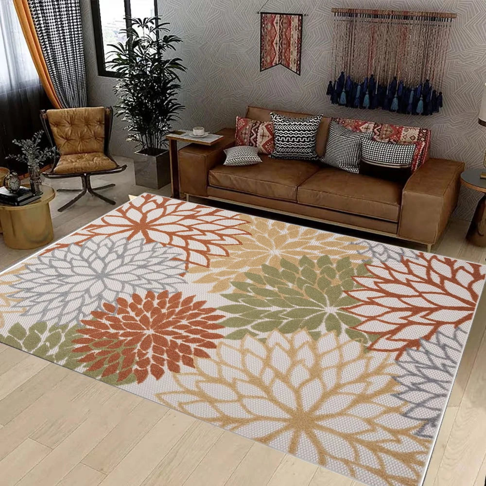 Outdoor Area Rug Washable Patio Rug Tropical Botanical Floral Chenille Waterproof Outdoor Carpet Non-Slip for Deck, Backyard