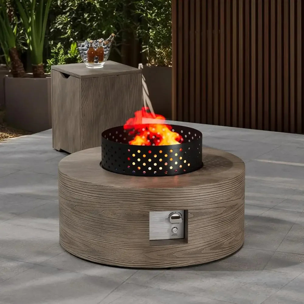 30 Round Propane Fire Pit Table with 50K BTU, Lid, Rock Tank Storage, and Cover - Outdoor Patio Gas Fire Pit with Teak Finish