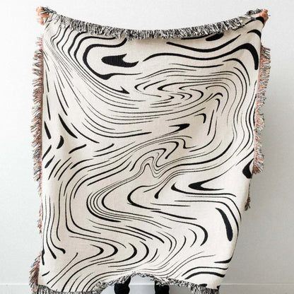 Abstract Wavy Jacquard Woven Throw Blanket Boho Black White Swirl Tassel Blanket Modern Art Woven Sofa Throw Home Decor