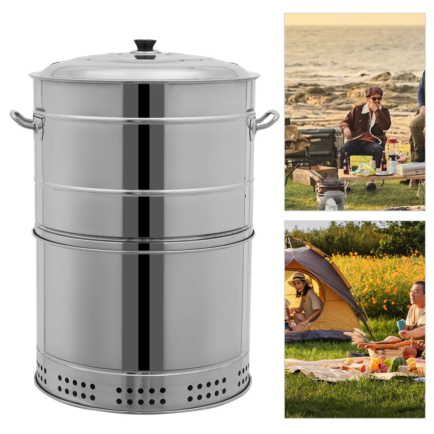Freestanding Large Portable Smokeless Charcoal Grill - 360° Stainless Steel BBQ Barrel, for Camping,Picnics & Backyard Cooking