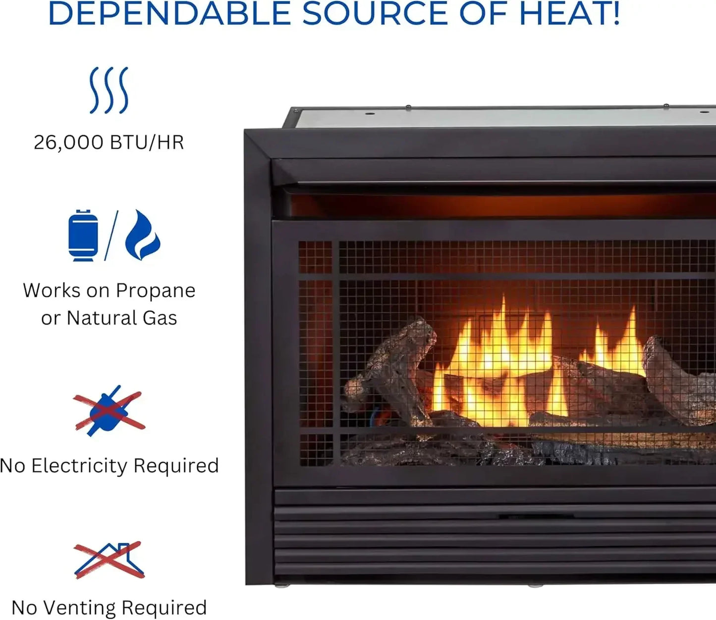 For Ventless 26,000 BTU Heats 1,350 Square Feet Dual Fuel No-Clearance Gas Fireplace Insert with Remote Control, Black