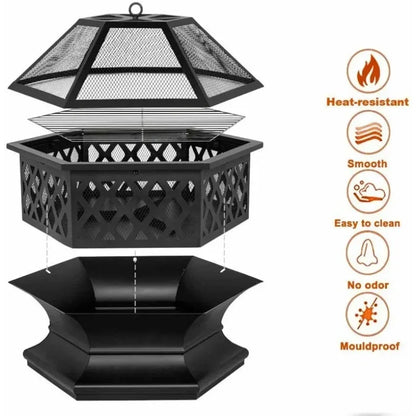 Portable Courtyard Metal Fire Pit 22" Hexagonal Shaped Iron Brazier Wood Burning Fire Pit Decoration for Backyard Poolside