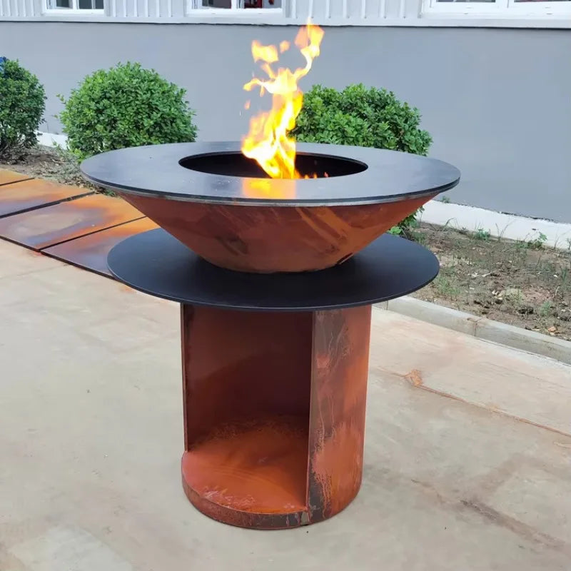 Large Corten Steel Fire Pit Outdoor Wood Burning Brazier BBQ Grill For Garden Backyard Patio Camping Cooking