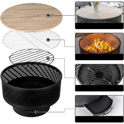 26 Inch Wood Burning Fire Pit Table with Grill Lid Cover Fire Poker for Outdoor BBQ Bonfire-NEW