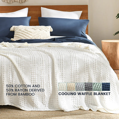 Bamboo Cotton Waffle Cooling Blanket, 50% Bamboo 50% Cotton Summer Throw, Lightweight Breathable for Hot Sleepers, Solid Color