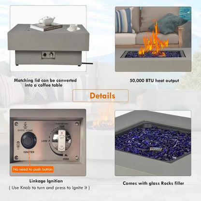 33-inch 50,000 BTU Outdoor Gas Fireplace for Patio, Square Low Profile Fire Table W/Lid, Glass Rocks, Ra
