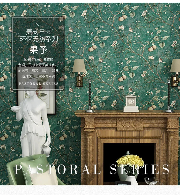 Country Wallpaper Idyllic Style Retro Nostalgic Bedroom Dark Green Flowers and Birds TV Background Wallpaper Non Self-adhesive