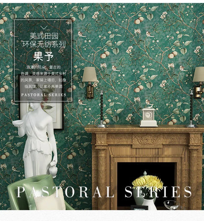 Country Wallpaper Idyllic Style Retro Nostalgic Bedroom Dark Green Flowers and Birds TV Background Wallpaper Non Self-adhesive