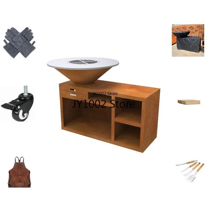 Heavy-Duty Steel BBQ Fire Pit Charcoal Grill with Wheels Rusty Finish for Outdoor Garden Cooking