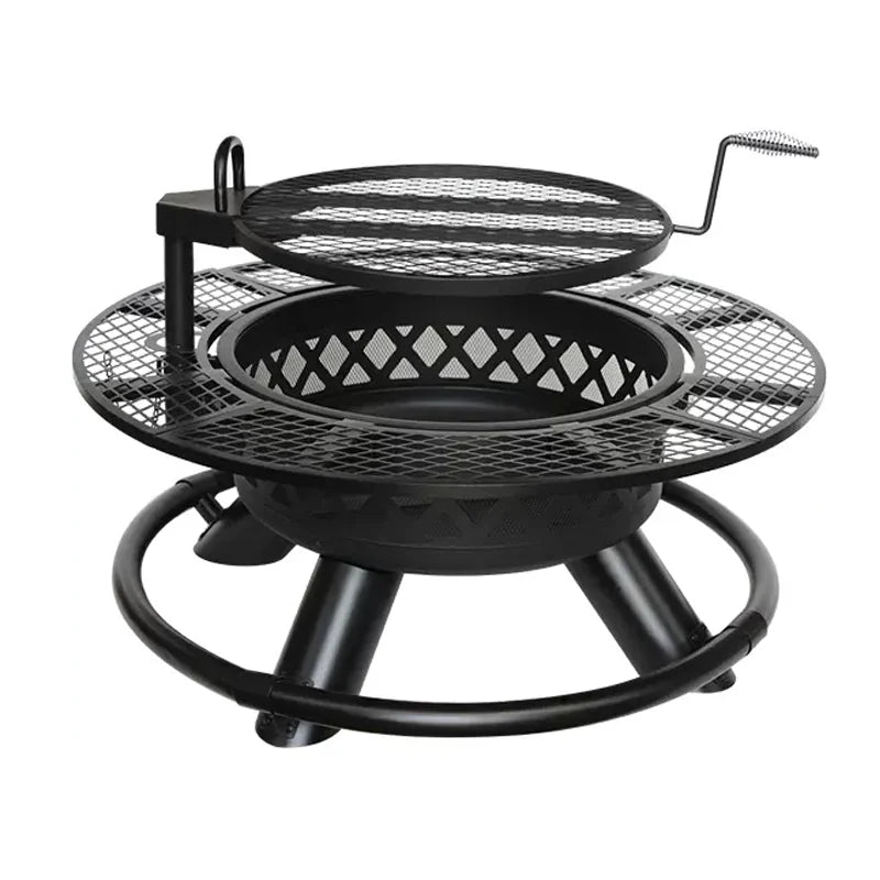 3-in-1 Outdoor Fire Pit BBQ Grill Round Charcoal Table Fireplace with Cooking Grate Heavy Duty Metal for Patio Backyard Party