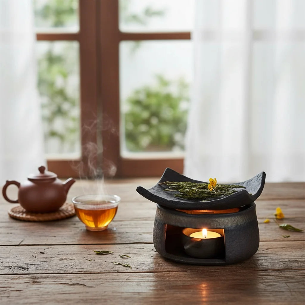 Rustic Ceramic Home Tabletop Aromatherapy Burner Vintage Fireplace-Style Home & Office Tea Warmer Retro Candle Warmer Insulated