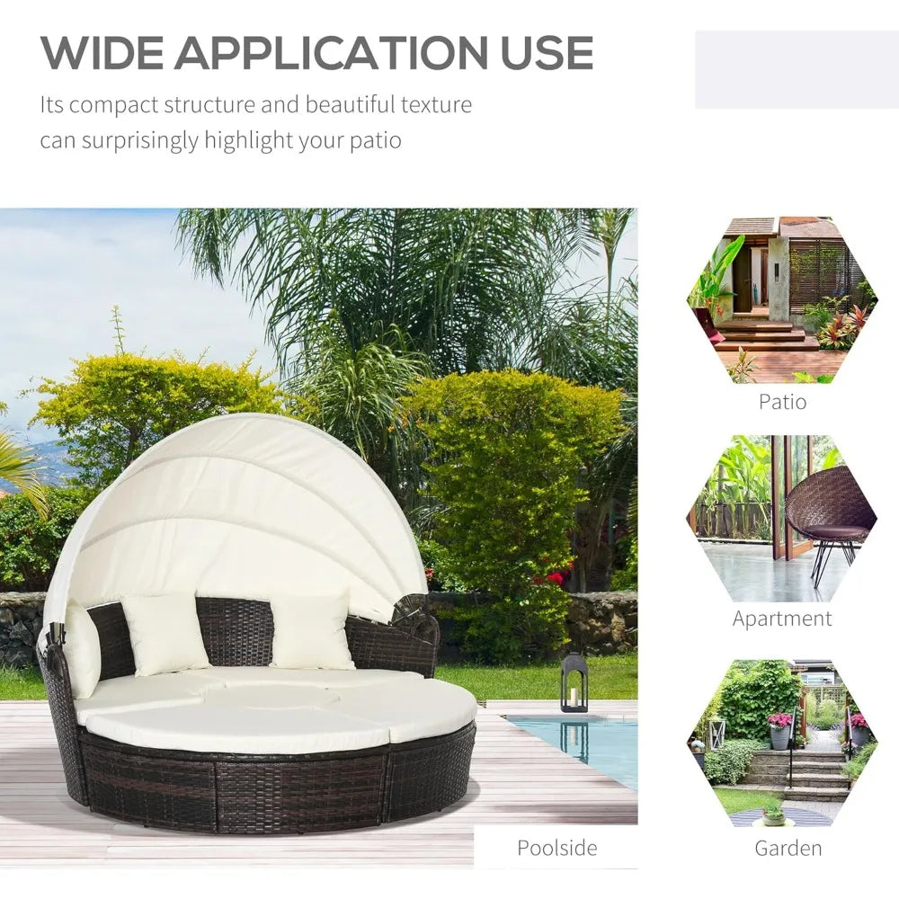 4-Piece Round Convertible Daybed with Cushions, Outdoor PE Rattan Patio Wicker Sofa Set, Sunbed with Adjustable Sun Canopy, Sec