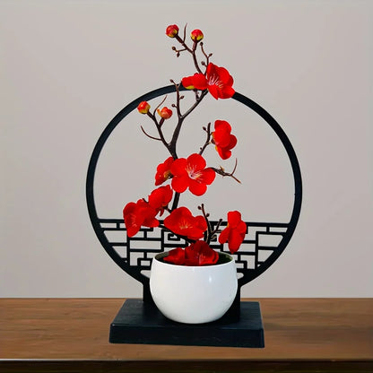 1 Set, Chinese Artificial Plum Blossom Potted Plant, Plastic Fake Bonsai Flower, Indoor and Outdoor Simulation Plant, Includes