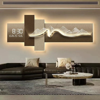 Modern Living Room Decoration Painting With Mountain Backed Led Clock Wall Lamp Painting Sofa Background Wall Hanging Painting