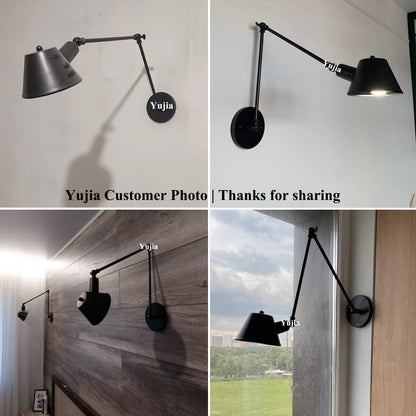 Black Rustic Vintage Swimming Arm Wall Lamp Retro Long Reading Lights on the Wall Adjustable Iron Applique Murale Luminaire Home