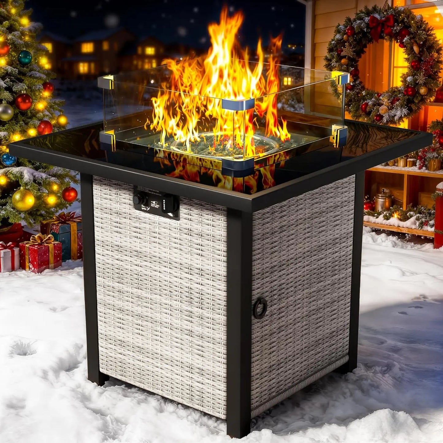 27" Square Rattan Propane Fire Pit Table with Glass Wind Guard Tempered Lid 50000 BTU CSA for Patio Deck Garden Customized