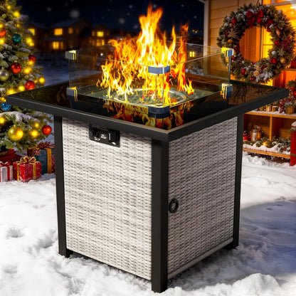 27" Square Rattan Propane Fire Pit Table with Glass Wind Guard Tempered Lid 50000 BTU CSA for Patio Deck Garden Customized