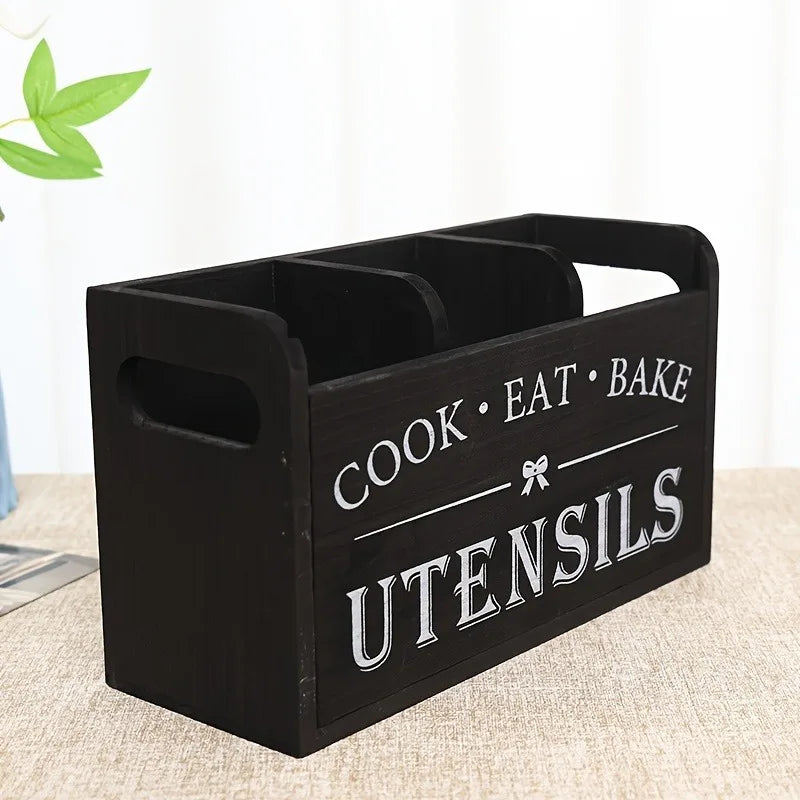 1pc Rustic Wooden Kitchen Utensil Holder - 3-Compartment Countertop & Wall-Mounted Organizer for Forks, More - Space-Saving