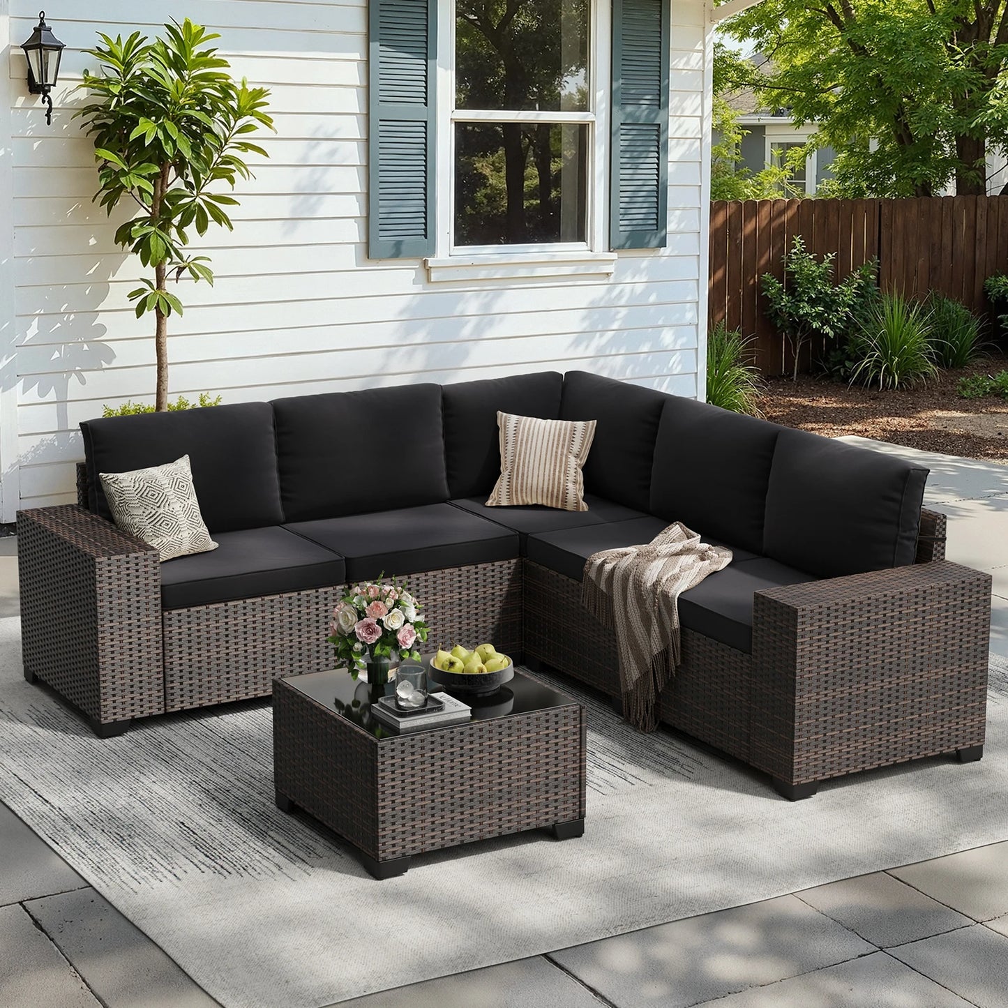 6 Pieces Patio Furniture Set with 44" Fire Pit Table, Outdoor Sectional Rattan Conversation Set for Garden, Porch, Backyard