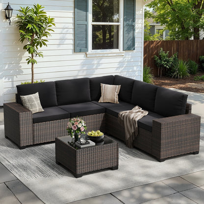 6 Pieces Patio Furniture Set with 44" Fire Pit Table, Outdoor Sectional Rattan Conversation Set for Garden, Porch, Backyard
