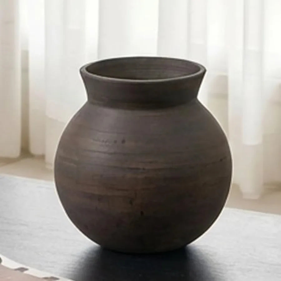 Brown ceramic large 13 tall Zen-style vase for home decor terra cotta pitcher with distressed farmhouse finish pottery decorati